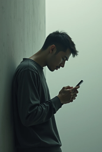 スマホ　猫背でスマホを触る人